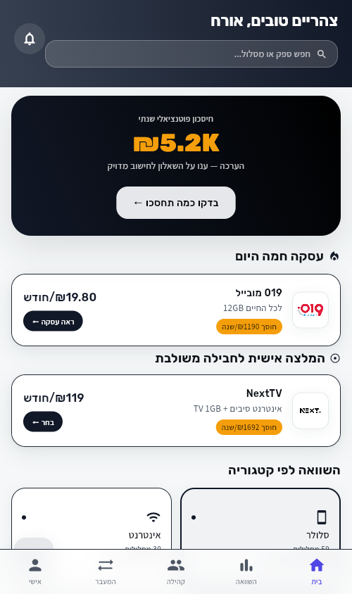 מסך הבית של חוסך — חיסכון פוטנציאלי ועסקאות חמות